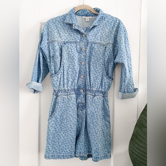 American Eagle // Denim Blue Floral Coverall Romper - Picture 2 of 4